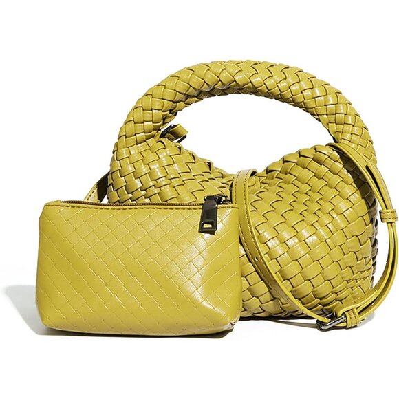 Olive Green Woven Faux Leather Crossbody Handbag & Small Wallet Set